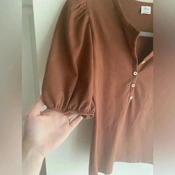 Wilfred Top Puff Sleeve Aritzia Blouse Billow Size XS Like New Warm Brown Coffee - Picture 8 of 11
